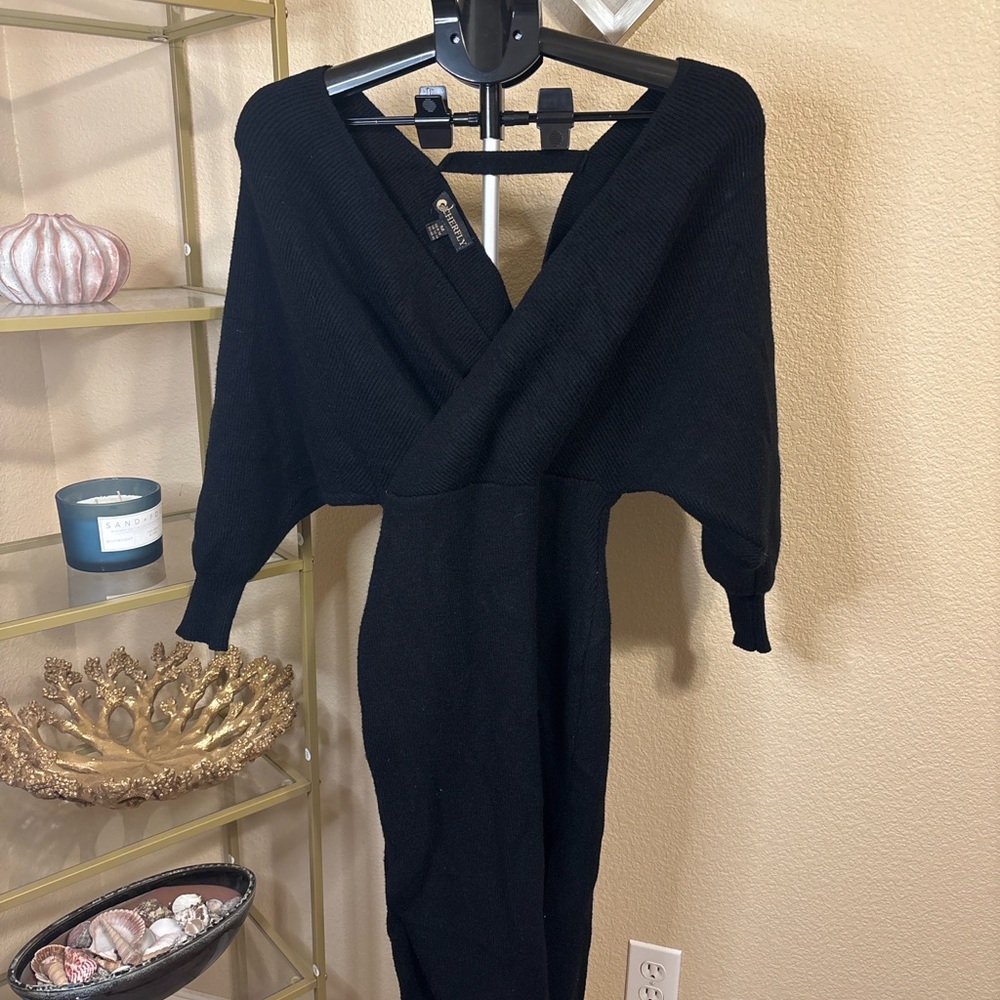 Cherfly Black Wrap Sweater Dress Midi Long Sleeve Size M‎